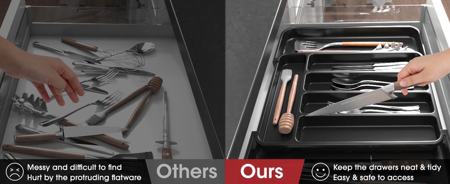 Silverware Organizer - Expandable Kitchen Drawer Organizer, Adjustable Utensil Organizer, Cutlery Tray for Forks, Knives, Multipurpose Kitchen Organizers and Storage Solution, Black, Medium