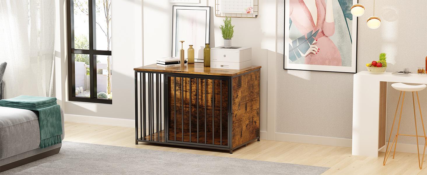 AECOJOY Dog Crate Furniture,Storage Cabinet, 36/42 Inch Wooden & Steel Rustic Brown Kennel for Large & Medium Dogs Escape-Proof Chew-Proof Adjustable Feet End Table