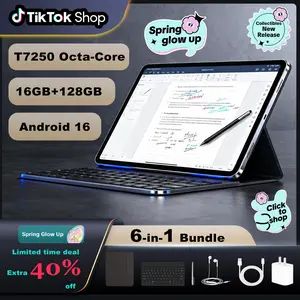【TikTokShopSpringGlowUp】2026 Android tablet 10.1" IPS Android 16 Tablet bundle package 16GB RAM 128GB ROM Octa Core 6000mAh Battery Bluetooth with Keyboard Case Stylus Earphones Type-C Cable Adapter Charging Rear Streaming tablets for game and work gift