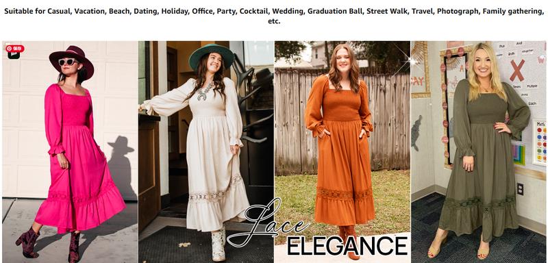 ZESICA Women's 2025 Boho Long Sleeve Square Neck Smocked High Waist Flowy A Line Lace Trim Maxi Dress