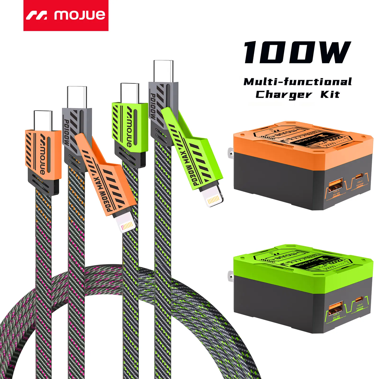 [1-Pack] MOJUE 100W USB-C Fast Charger Set with Dual Port Type-C & USB-A Wall Charger, 3-in-1 Mecha Style Lightning Sync Cable for Mobile Device, iPhone 17/16/15, Samsung S25, iPad, Green/Orange#Back To School, 1-Pack 100W Orange