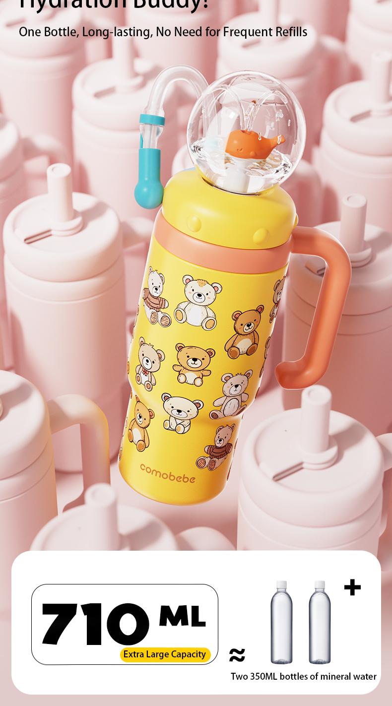 【COMOBEBE】24oz Stainless Steel Whale Fountain Tumbler – Adorable Pattern Designs, Spill-Proof, Dual Lids, Dishwasher Safe, Perfect for Kids & Adults