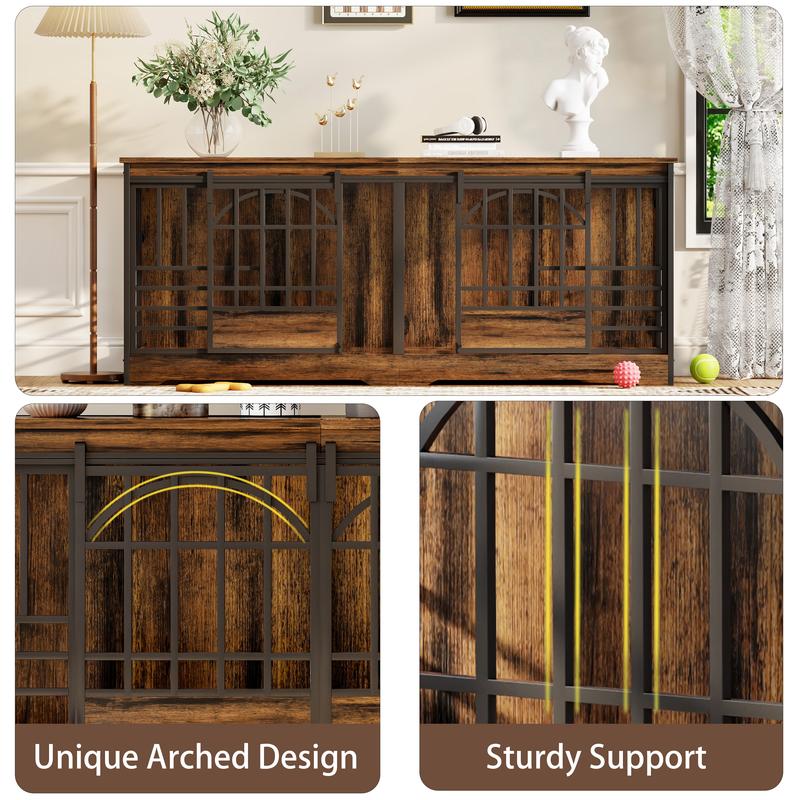 78 Inch Double Dog Crate Furniture, Extra Large Dog Kennel Indoor with Divider, Heavy Duty Dog Cage for 2 Dogs, Decorative Wooden Dog House Decorative Table TV Stand, Pet House for XLarge Dogs,Brown