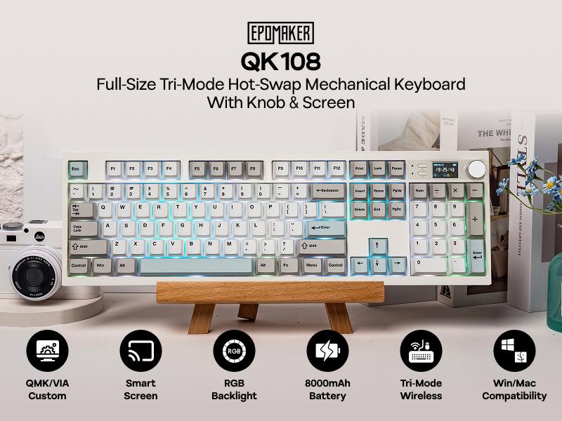 EPOMAKER QK108 Full Size Mechanical Keyboard with Screen & Knob, 8000mA, QMK/VIA, Creamy&Thocky, Gasket, RGB Backlit, Hot Swap, Mac Keycap, 2.4G/BT Wireless Gaming Keyboard TikTokShopJumpstartSale