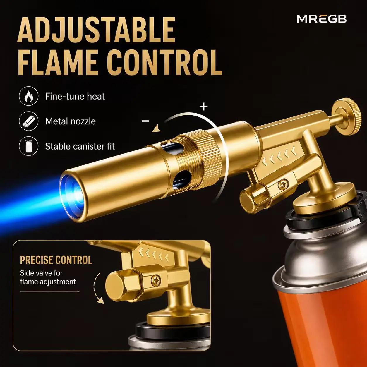 MREGB Portable Handheld Copper Alloy Culinary Torch - Streamlined Design, Nozzle Equipped, Ergonomic Grip, Adjustable High-Temp Heat, Fully Enclosed Safety for Kitchen Bakeware, Meat BBQ | Gas Cylinder Not Included, Classic Workshop Use, Backyard