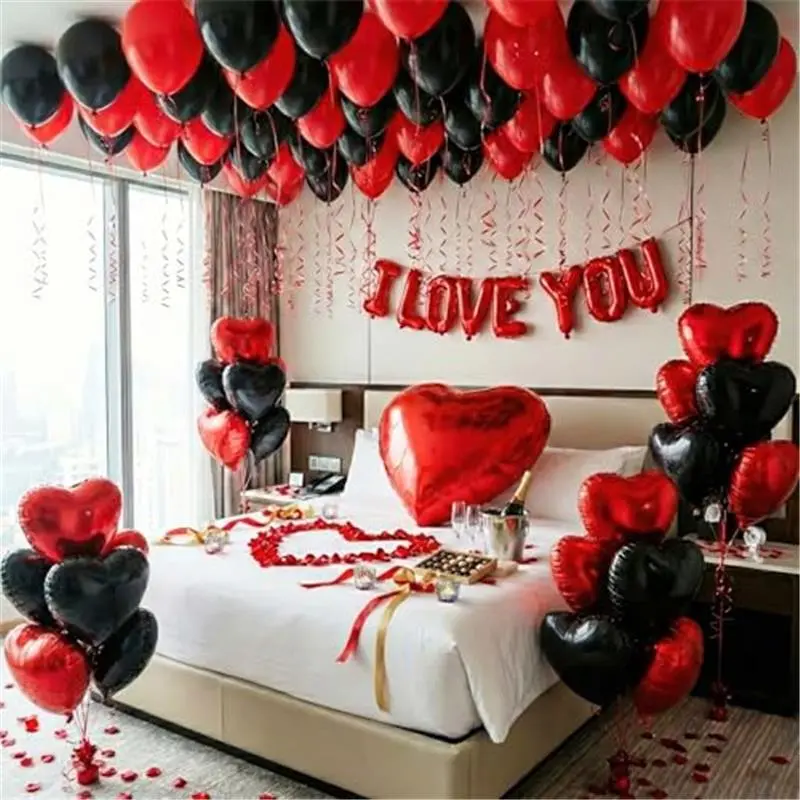 Valentine's Day Decorations Set Red Black Balloon Kit with 16" I LOVE YOU Foil Banner Heart Foil Balloons & 500 Silk Rose Petals Perfect for Romantic Night Proposa Anniversary Decor
