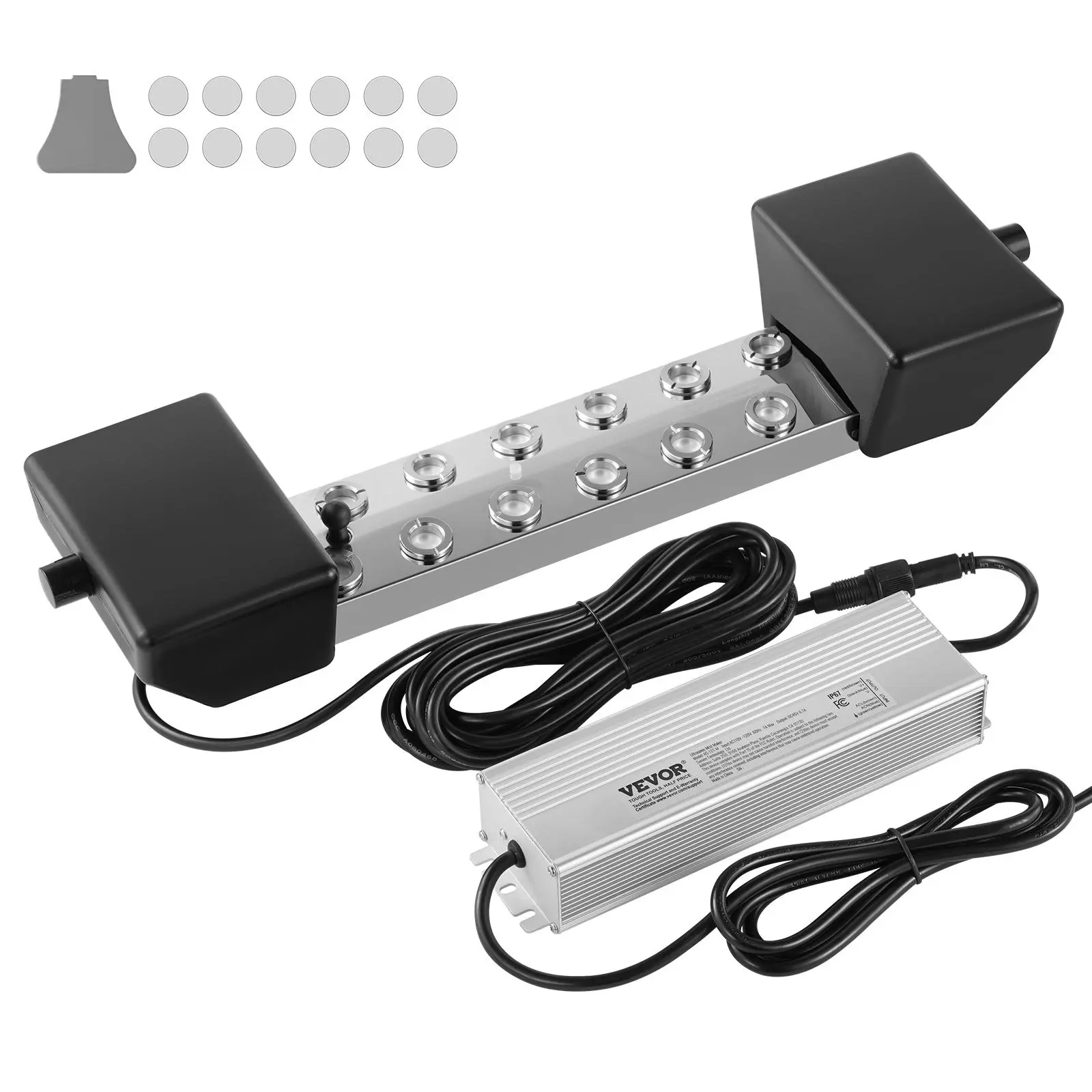 VEVOR 12-Head Ultrasonic Mist Maker Fogger, 9000 mL/h Adjustable, 300W IP67 Rated Waterproof Power Supply, Buoy, Replacement Discs, 304 Stainless Steel, Anti-Scaling, Temperature Control, Auto Shut-Off for Greenhouse, Pond Decor