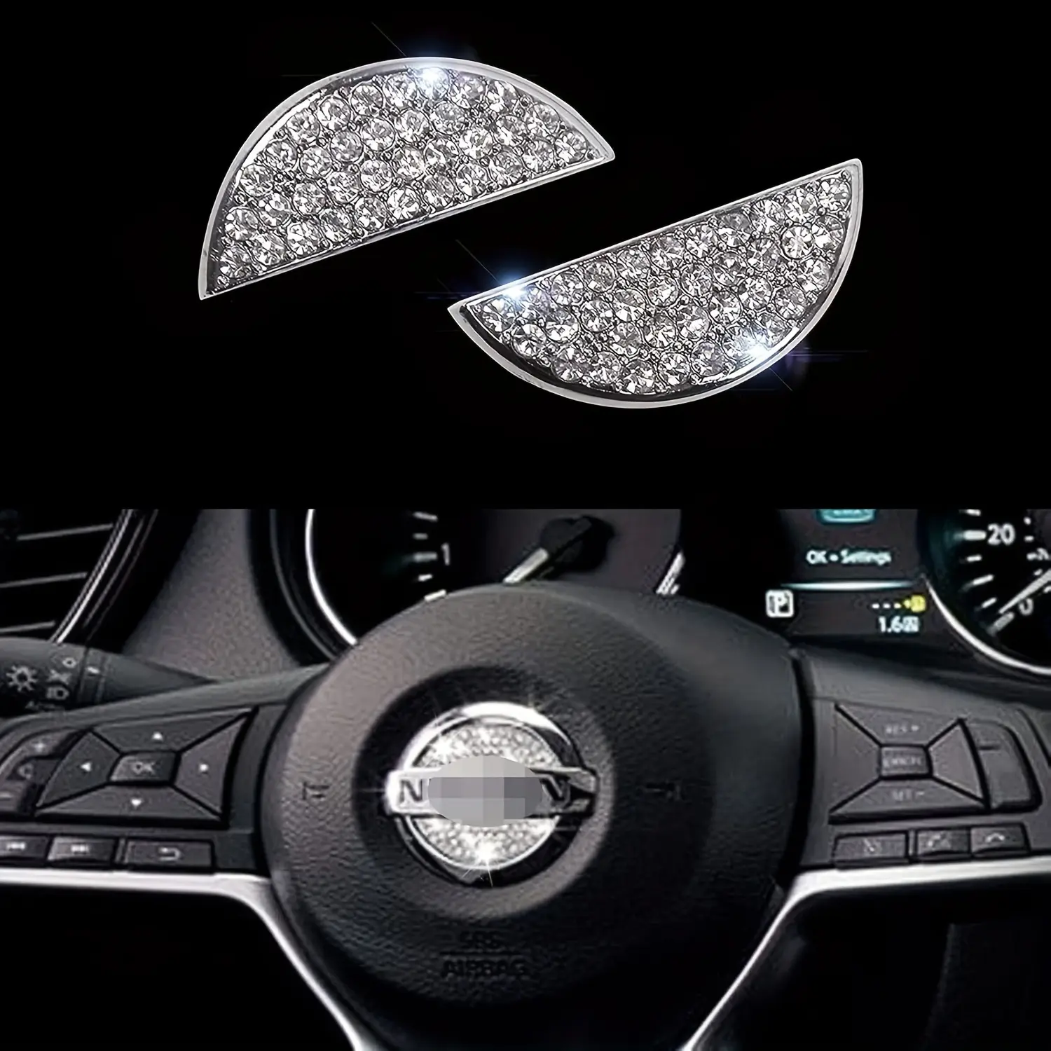 Crystal Rhinestone Steering Wheel Logo Emblem Cover for Nissan - Self-Adhesive Diamond Decoration, Car Interior Accessory, Bling Badge Styling Trim