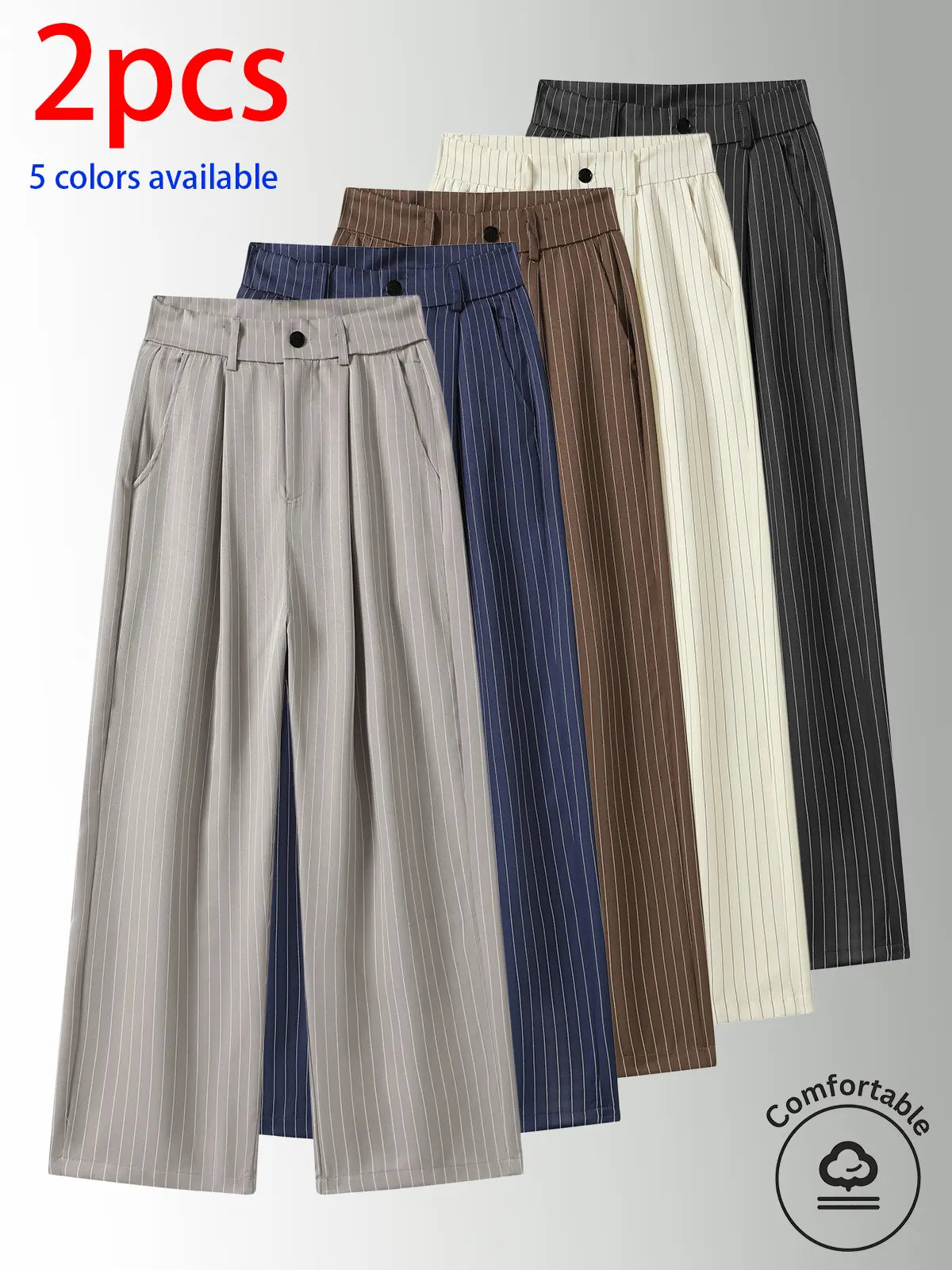 2-pack men’s long pants, men’s casual dress trousers with a button front, vertical stripes that evoke a retro vibe, smooth drape and wrinkle resistance, straight-leg design that’s versatile, relaxed fit that doesn’t restrict leg shape, suitable for studen