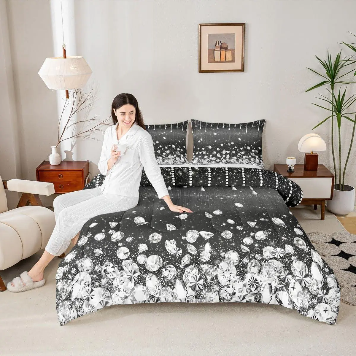 Feelyou Silver Glitter Sequins Diamond Comforter Set - Geometric Ombre Bedding with Romantic Look, Dreamy Party Vibe, Multi-Size, Travel-Friendly, Black Duvet Insert, Pillowcases; Set Includes Core Pieces for Adults’ Room Decor
