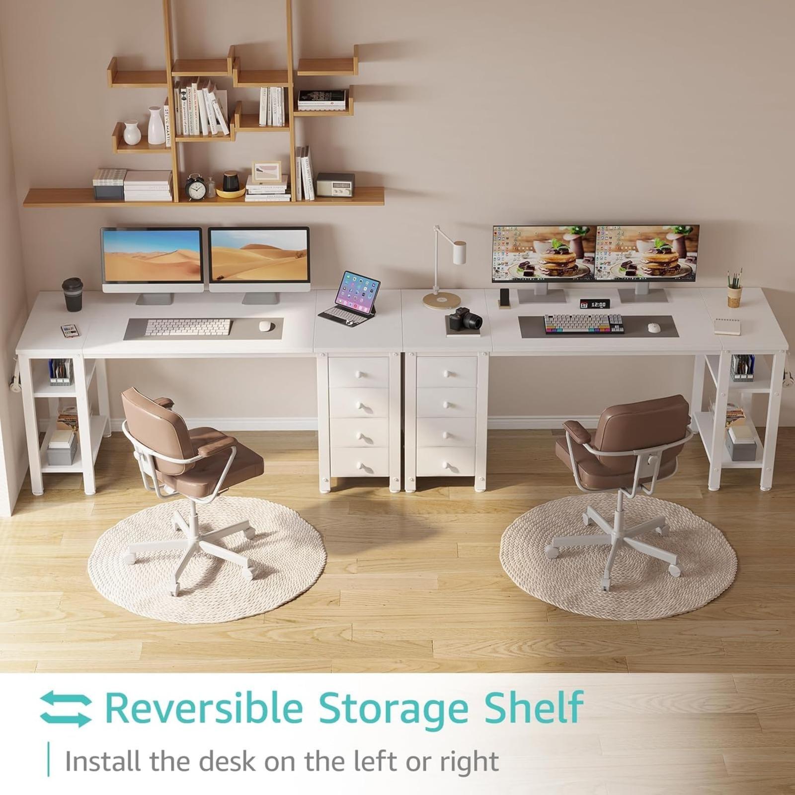 Lufeiya White Computer Desk with Fabric Drawers & Storage Shelves, 55 Inch Study Work Writing Desk for Home Office Bedroom, Simple Modern Cute PC Desks Table, White