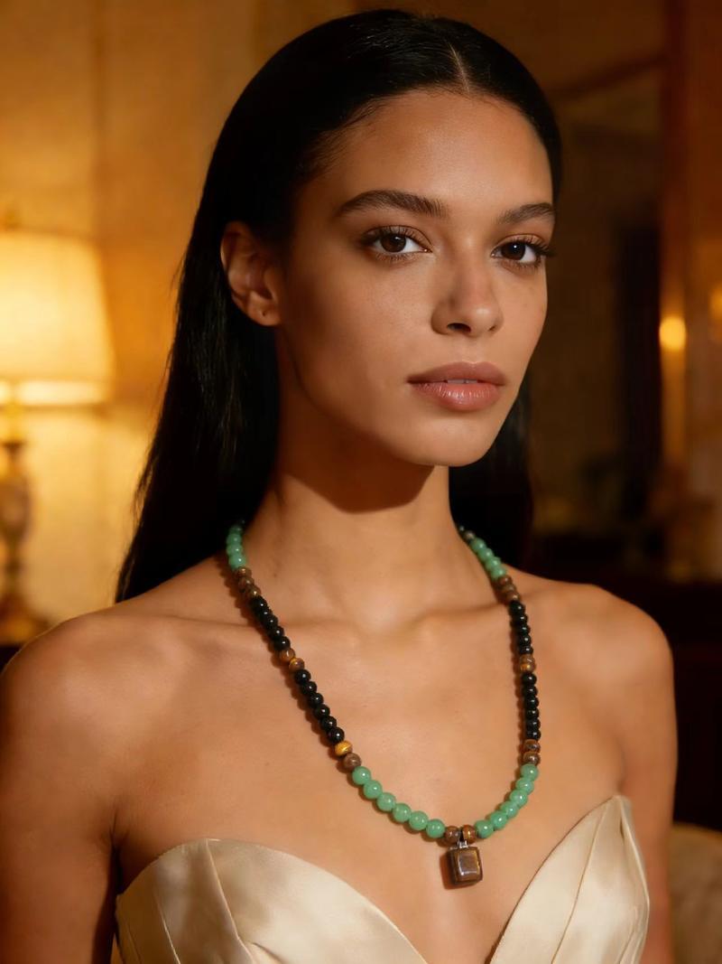 Money Attraction Necklace With GreenAventurine & Tiger Eye Pendant Healing Crystal Stone ，Anniversary, Vacation &Theme Parties Jewelry Charms Abundance Crystal bracelet，Long Chain，Sweater chain，Ideal Gift Jewelry for Men and Women