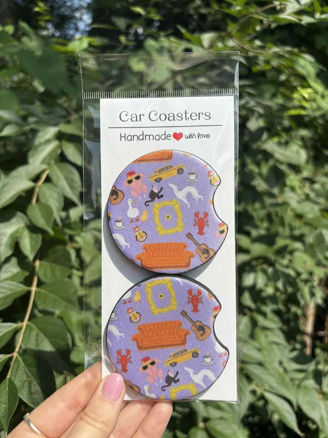 Friends TV Show Inspired Soapstone Car Coasters, Purple Icon Pattern Cup Holder Coaster Set, Funny Sitcom Car Accessories, Gift for Friends Fans