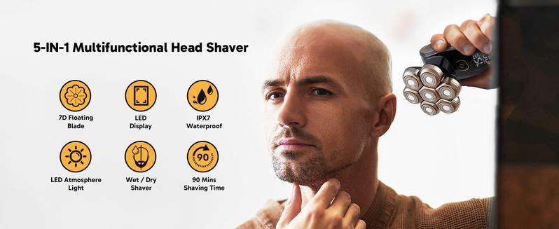 MISAM Pro Max 7,500 RPM 7D Magnetic Head Shaver for Bald Men IPX7 Waterproof Quick Charge Grooming Kit 6-in-1 LED Display Type-C Rechargeable Easy-Clean Detachable Heads