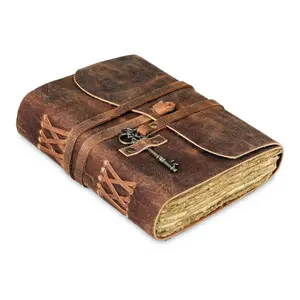 Leather Journal with Deckle Edge Paper 8x6 inch and Vintage Key | Handmade Writing Notebook Diary | Bound Daily Notepad for Men & Women Medium, Sketch/Writing pad for Artists