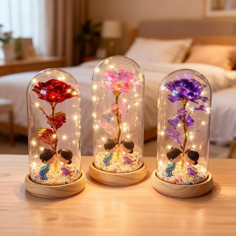 Valentine's Day Artificial Gold-Plated Rose with Creative Wooden Base and Glass Dome Featuring Couple Figurines, Multicolored Foam Balls, AA Battery Powered, Gift Box Packaging Ideal for Valentine's Day Gifts, Romantic Night Light for Bedroom Decor