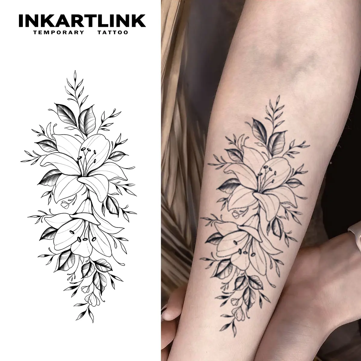 INKARTLINK Magic Henna Sticker Tattoos - 2 Sheets, Waterproof, Semi-Permanent, Simple Line Morning Glory Design, Ideal for Parties, Suitable for All Skin Types
