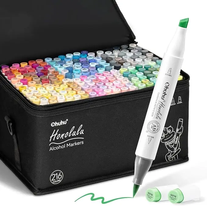 Ohuhu Alcohol Markers: Brush & Fine / Chisel - 216 Colors for Adults Coloring Refillable | AP Certified Art Marker Set for Artists Beginners Drawing Illustration Sketching, Dual Tips Alcohol-based - Honolulu & B Series of Ohuhu