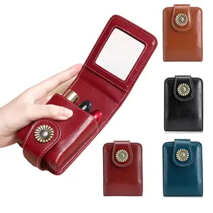 Ladies' lipstick storage bag with built-in mirror, portable leather lipstick organizer bag reinforced with exquisite stitching, compact and portable, multi liner design, size 3.94X2.76X1.18 inches, suitable for travel and wallets.