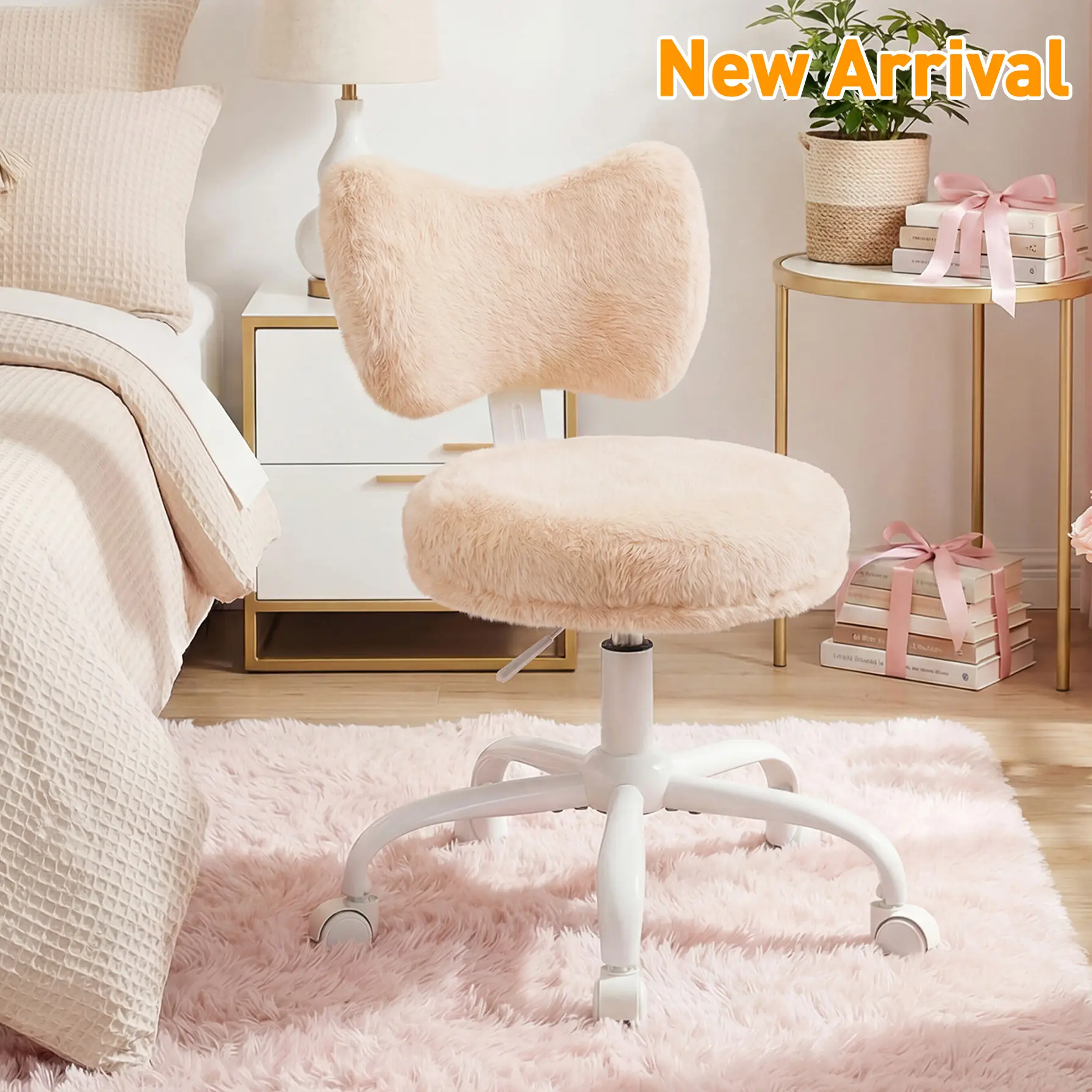 Raybee Fluffy Bow Vanity Chair Swivel Desk Chairs with Cute Bow Backrest & Wheels Fluffy Faux Rabbit Fur Office Chair for Vanity, Make-up Room, Bedroom, Dorm, Small Space, Pastel Color Chairs, Girls Gift #SummerVibes #TikTokShopSummerSale