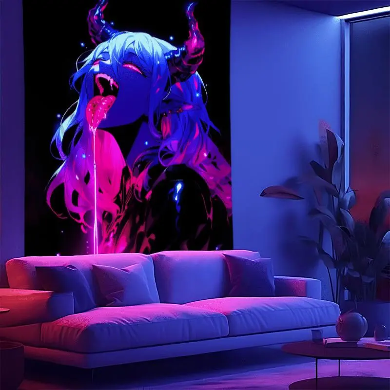 Anime Design Neon Tapestry - Dark Mysterious Pink Demon Pattern, Blacklight UV Reactive, HD Anime Details, Surreal Neon Look, Colorful Home Accessory, Living Room & Bedroom Decor, Family & Friend Birthday Gift, Vibrant Luminous Wall Hanging