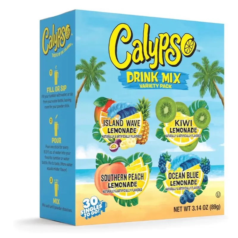 Calypso Organic Variety Drink Mix Packets - 30-Count On-the-Go Powdered Beverage, Low-Calorie Water Enhancer with Herbal Detox Health Tea Flavors: Island Wave, Kiwi, Southern Peach, Ocean Blue