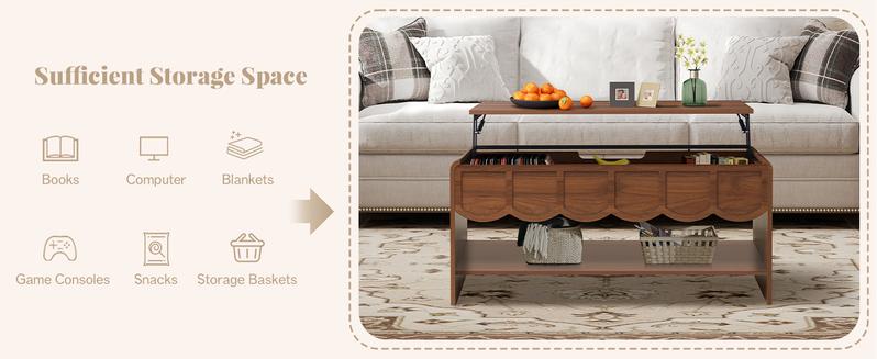 Giratree 39.37" Lift Top Coffee Table with Hidden Compartment, 2 Tier Wooden Center Table with Wave Panel, Modern Lift Tabletop for Home Living Room Office, Walnut