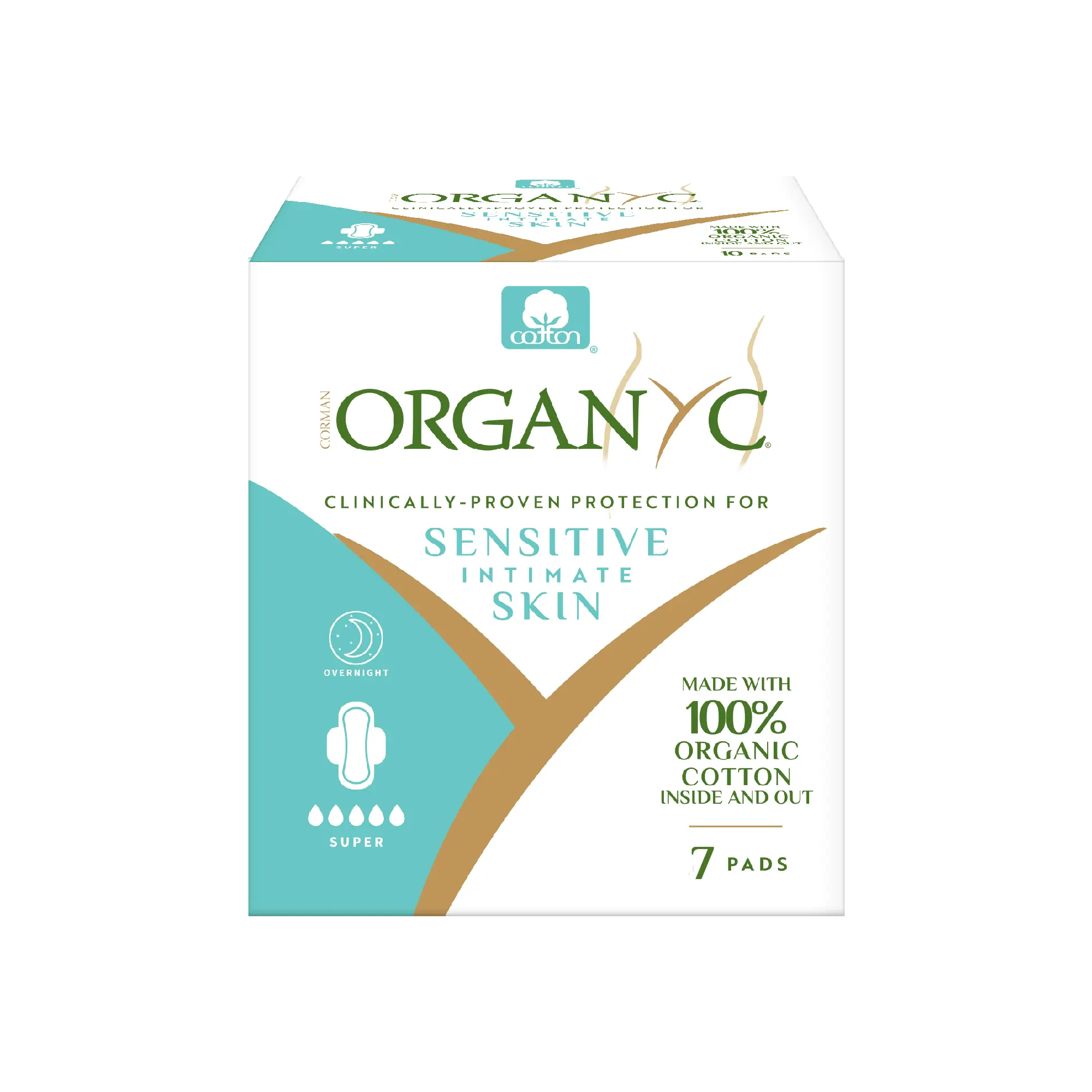 Organyc New & Improved 100% Certified Organic Cotton Overnight Feminine Pads - Gentle, Hypoallergenic, Unscented for Women's Sensitive Skin, Heaviest Flow, Super Absorbency 2.0, 7 Count