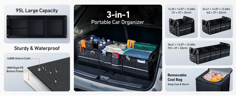 AstroAI Collapsible Car Trunk Organizer Storage Box with Big Cooler Bag, Foldable Cover, Nylon Holder, PU Bottom and PE Plate, For Picnic