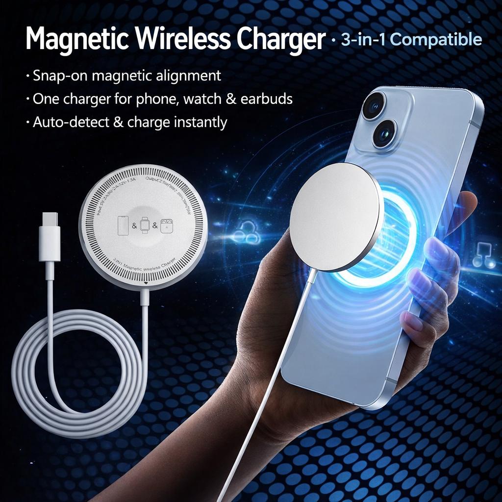 ArtCyber 6-in-1 Charging Kit: Fast Charge, Magnetic Power Bank, Wireless Charger, Type-C to Fast Charging Cable, Adapter & Audio Support, Compact & Portable.