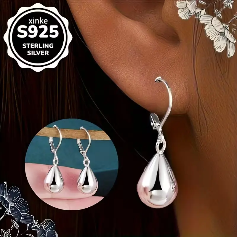 S925 Sterling Silver Puffed Teardrop Dangle Earrings for Women, Smooth Polished Water Drop Leverback Earrings, Hypoallergenic Minimalist Jewelry Gift