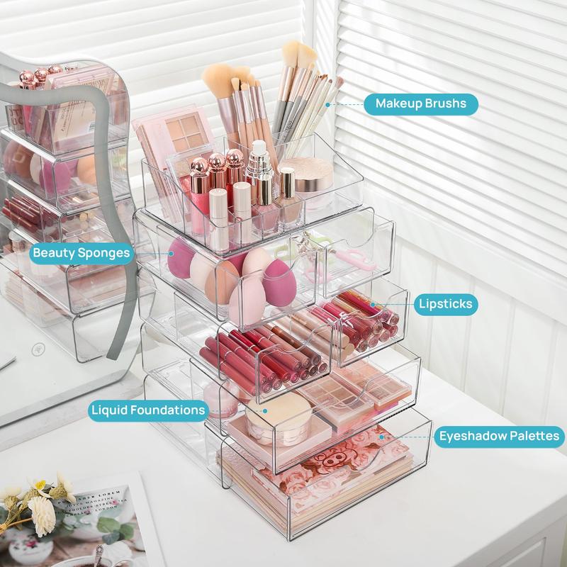 【2 Set】Vtopmart Clear Makeup Organizer with Drawer for Dresser, Countertop & Bathroom Vanity Cosmetic Storage for Lipstick Brush Skincare Organizing Tools Boxes