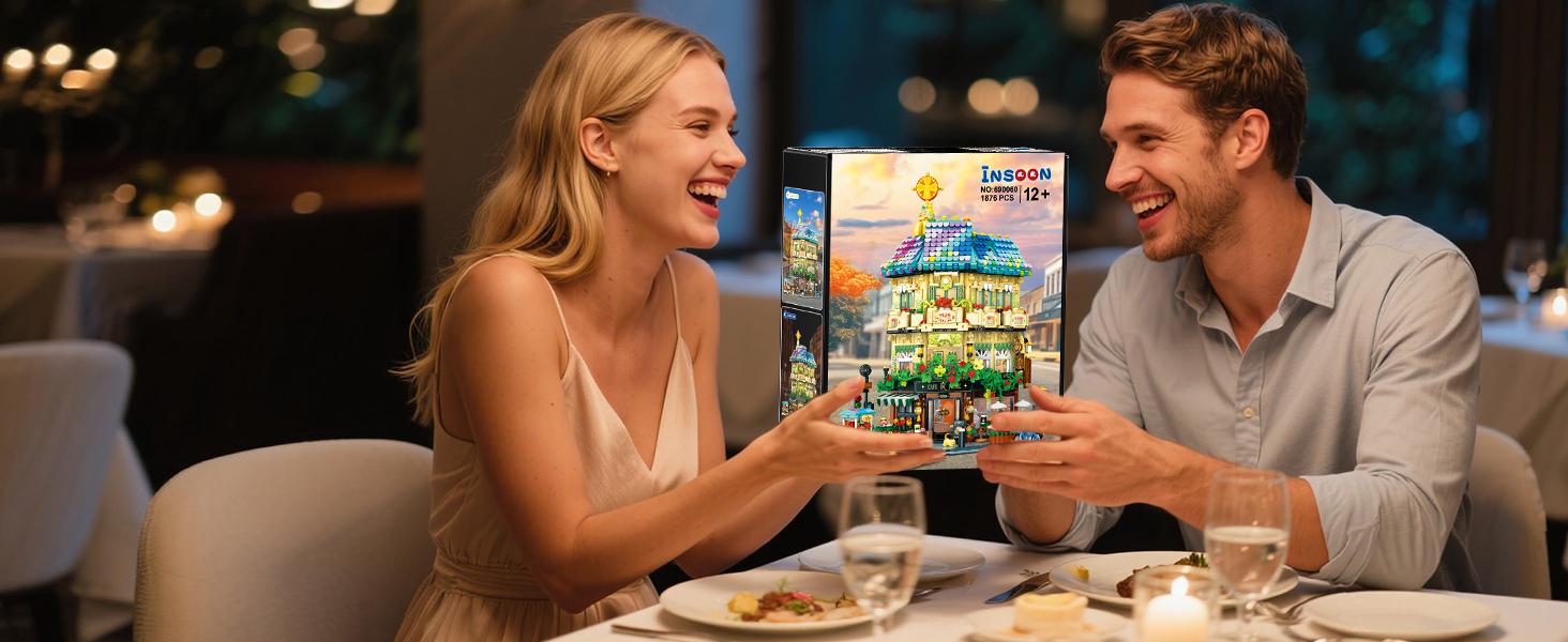 Flower Cafe House Building Set with Lights, 1876 PCS City Street Corner Shop Construction Model, Art Architecture Modular Building Block Kit Home Decor, Gift for Adults Teens Boys Girls 12+