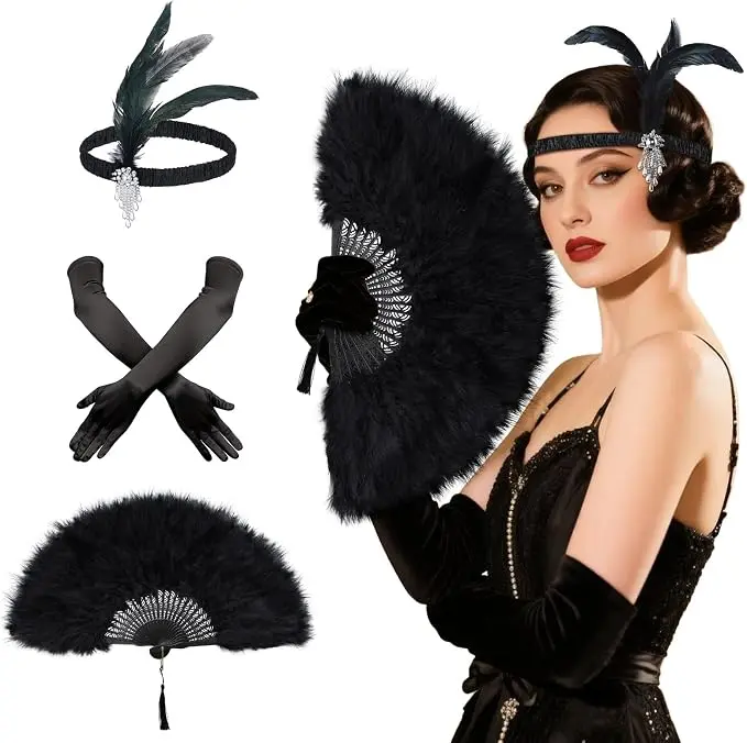 Women's 1920s Roaring '20s Vintage Great Gatsby 3-Piece Flapper Handheld Feather Hand Fan Set - Vintage Home Decor Accessories, Headband, Gloves Included for Costume Dancing, Party
