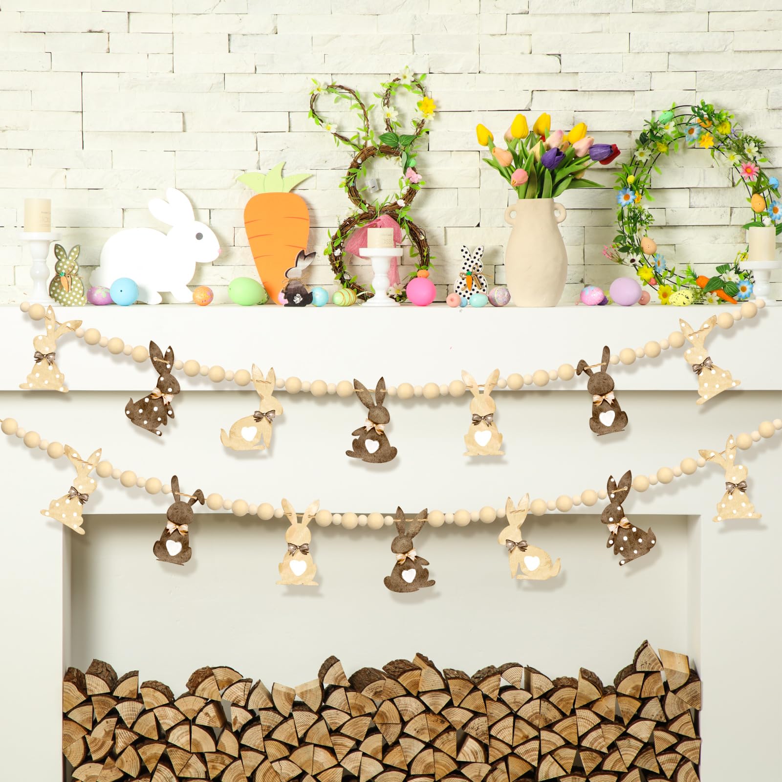 Easter Bunny Garland Wood Beads Banner Rustic Rabbits Hanging Garland with Beads, Bunny Eggs with Bow Door Wreath Garland for Mantle Fireplace Shelf Wall Doorway Display, Spring Home Decor, Easter Decor 2026 Easy Hang Indoor Outdoor Party Supplies & Gifts