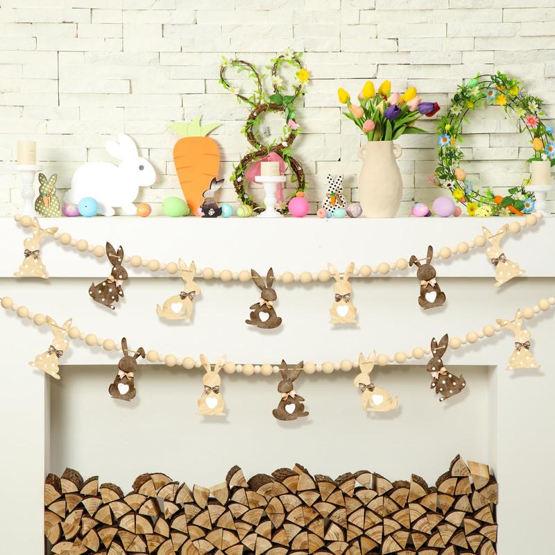 Easter Bunny Garland Wood Beads Banner Rustic Rabbits Hanging Garland with Beads, Bunny Eggs with Bow Door Wreath Garland for Mantle Fireplace Shelf Wall Doorway Display, Spring Home Decor, Easter Decor 2026 Easy Hang Indoor Outdoor Party Supplies & Gifts