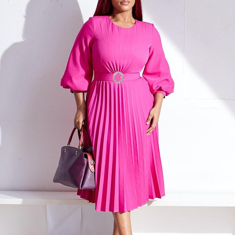 Women’s Pleated Midi Dress with 3/4 Puff Sleeves, Round Neck and Ring-Buckle Belted Waist, A-Line Silhouette with Back Keyhole — Elegant Choice for Work, Church & Wedding Guests