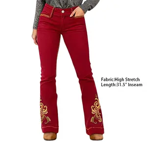 Flamingals Scrollwork Embroidery Mid Waist Flare Leg Pants