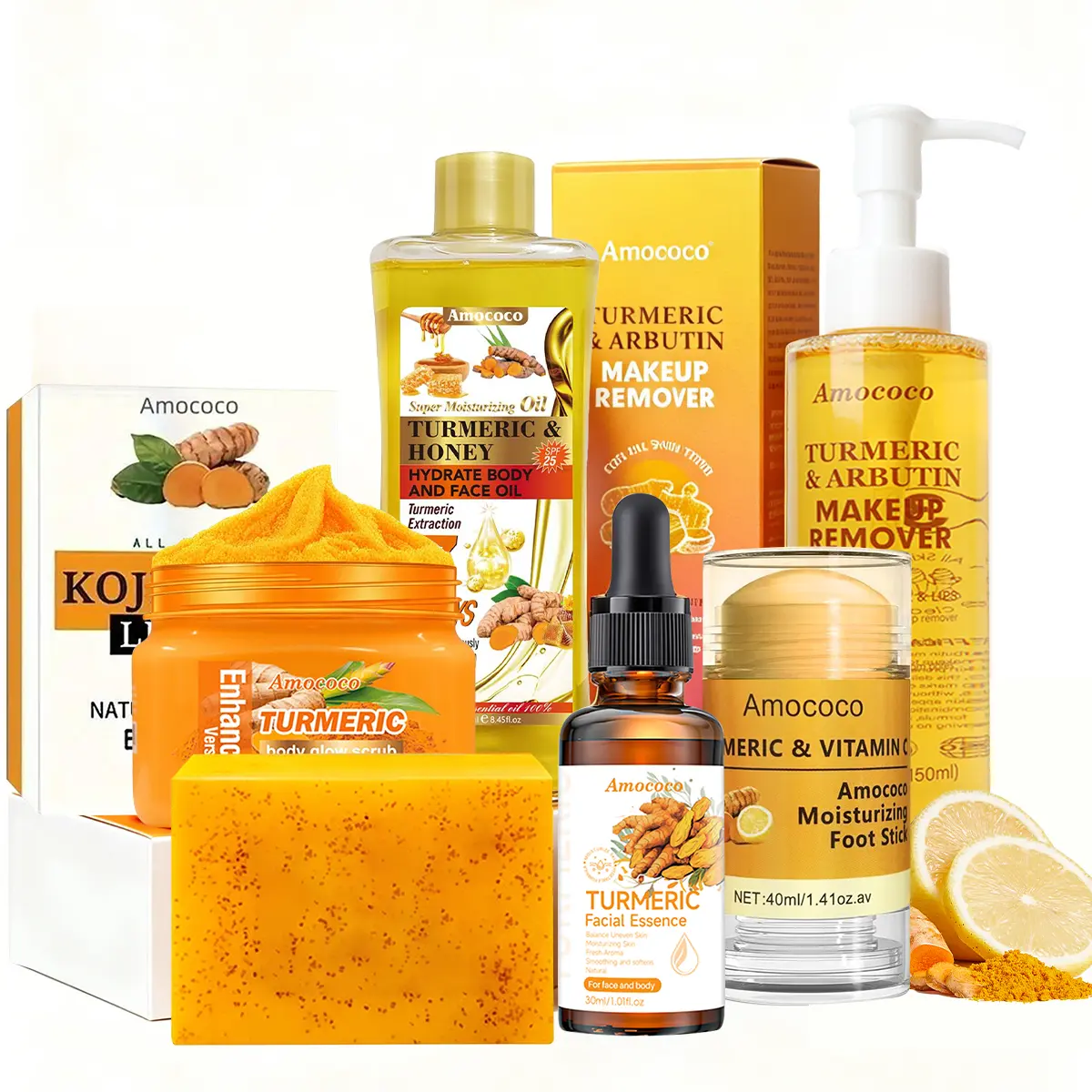 Turmeric Series Full Body Ultimate Care Set | Turmeric Soap + Body Scrub + Turmeric Oil + Essential Oil + Makeup Remover Water + Heel Repair Stick, Daily Cleansing Skincare & Full Body Routine Care