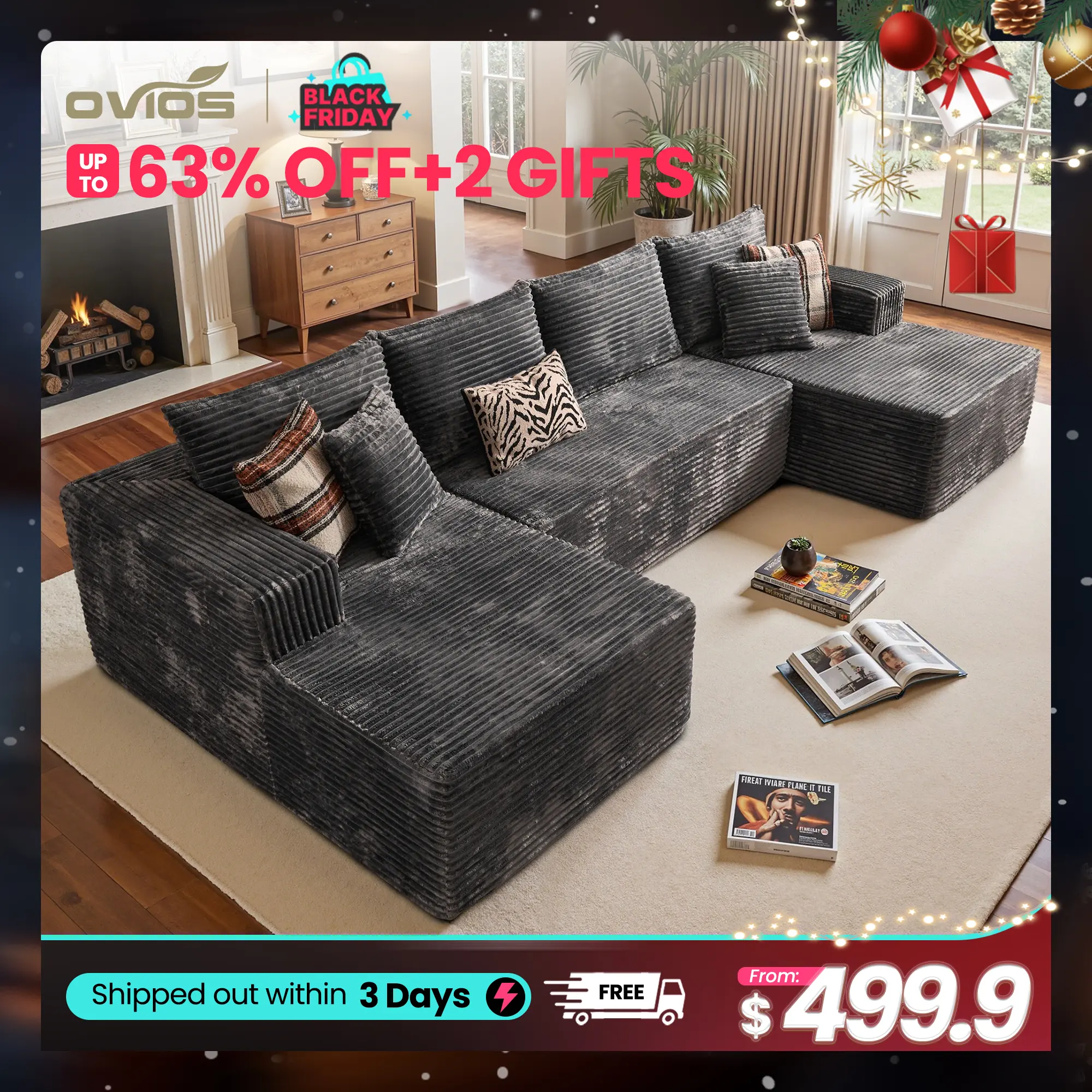 【3 Packages Shipping】Ovios 135" Sectional Boneless Sofa Couch with Chaise, Modular Cloud Couch with Ottoman Plush Corduroy, No Assembly Required Big Comfy Sofa Bed with Fluffy Memory Foam for Livingroom