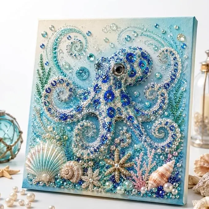 Unisex Ocean Theme Pearl Art DIY Kit with Pearl Gems - Diamond Art Mosaic Needlework Kit, Sparkling Coastal Wall Decor for Adults