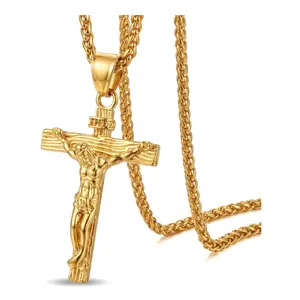 14K Gold Plated Jesus Crucifix Cross Necklace 3D Relief Pendant 19.69 Figaro Chain for Men Women Classic Religious Jewelry