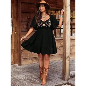 New Plus Size Women Bohemian Style Embroidered Square Collar Large Ruffle Sleeve Dress Casual Womenswear
