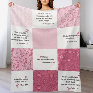 Pink Floral Patchwork Christian Blanket, Bible Verses for Kids & Family, Inspirational Scripture Throw, Soft Cozy Gift for Mom/Daughter/Baby, Faith Home Decor , Baptism Gifts for Girls, Religious Gifts