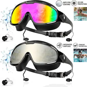 Swim Goggles 2 Pack for Adult Men Women, Anti-fog UV Protection No Leak 180° Wide View Clear Vision Pool Goggles