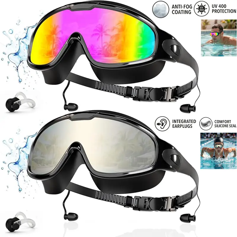 Adults' 2-Pack Swim Goggles with Integrated Earplugs, Noseclip, Anti-Scratch Anti-Fog UV-Protective No-Leak PC Lenses, Panoramic HD Wide View, Clipon Hairfriendly Adjustable Strap, No Raccoon Eyes for Pool Lap Swimming, Beach Trips