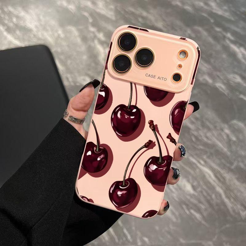 Low-Saturation Retro Red Cherry Pattern Dopamine Ins Style Solid Color Phone Case Ultra Skin Friendly Touch All Inclusive Lens Compatible with Apple iPhone 17 Air 16 15 14 13 12 Por Max