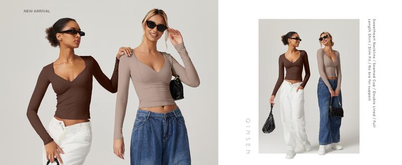 QINSEN V Neck Tops for Women Long Sleeve Crop Tops Double Lined Seamed Cup T Shirts