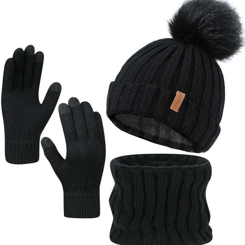 Women’s Winter Beanie Hat Scarf Gloves Set, 3 Piece Cold Weather Accessories with Warm Knit Hat, Soft Scarf and Touch Screen Gloves, Double Layer Design for Outdoor Activities, Travel, Commuting, Holiday Gifts and Everyday Winter Wear