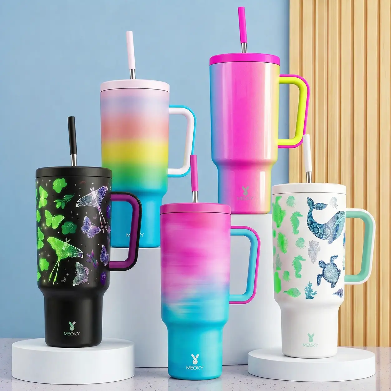 Meoky Classic 40oz Insulated Coffee Tumbler - Stainless Steel Leak-Proof Vacuum Flask with Handle, Straw, Non-Slip Base, Car-Friendly, BPA-Free Sipping, Anti-Scalding, Explosion-Proof, Print Option, Rainbow Design, Water Bottles for School